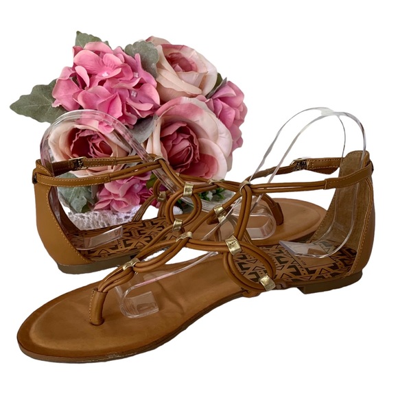 DOLCE VITA T-STRAP GOLD ACCENT CAMEL TAN LEATHER GLADIATOR SANDALS THONG SANDALS - Picture 14 of 14